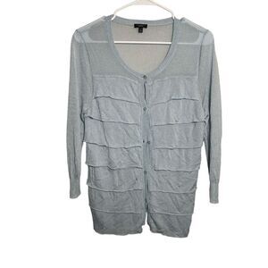 Talbots Sweater Women's Large Blue Cardigan Ruffle Button Up Lightweight Sheer